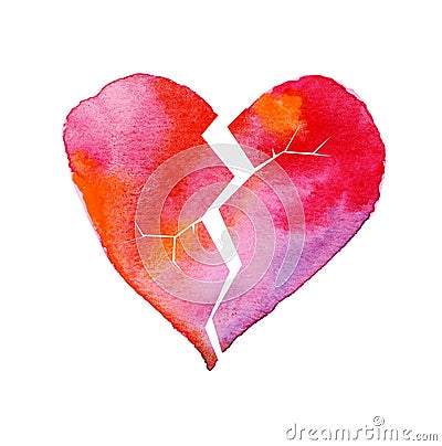 Love hurt concept with artistic watercolor broken heart Cartoon Illustration